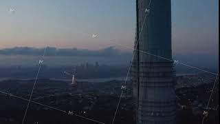 Blinking flashing Lights on Istanbul TV Tower with Amazing View over all of Istanbul, Aerial Crane
