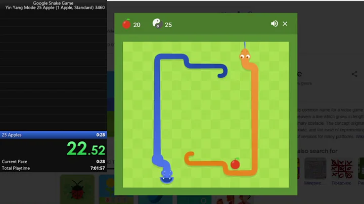Google Snake Game 25 Apple Yin Yang Mode in 26.99s (1 Apple, Standard) Former WR
