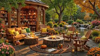Calm Jazz with Crackles Fireplace to Stress Relief | Falling Leaves at Riverside Porch Ambience screenshot 5