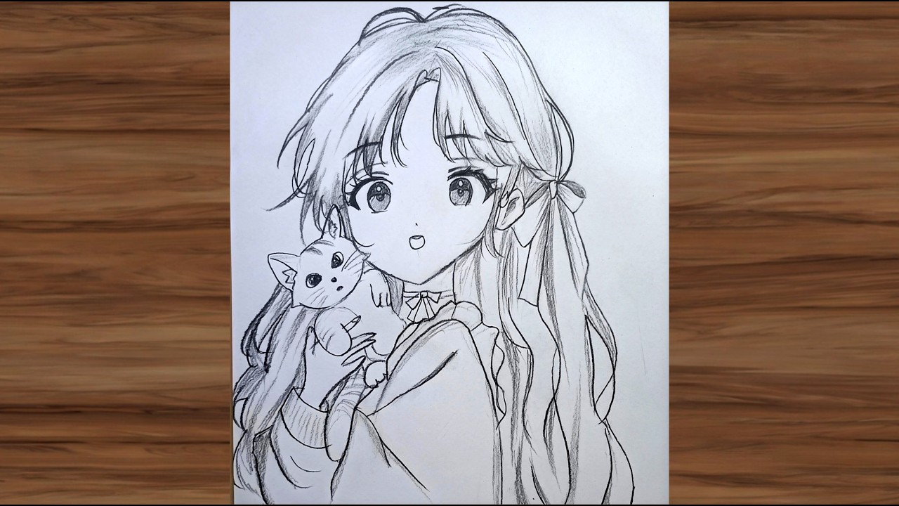 How to Draw an Anime Girl with a Cat 🐱 | Easy Pencil Sketch for ...