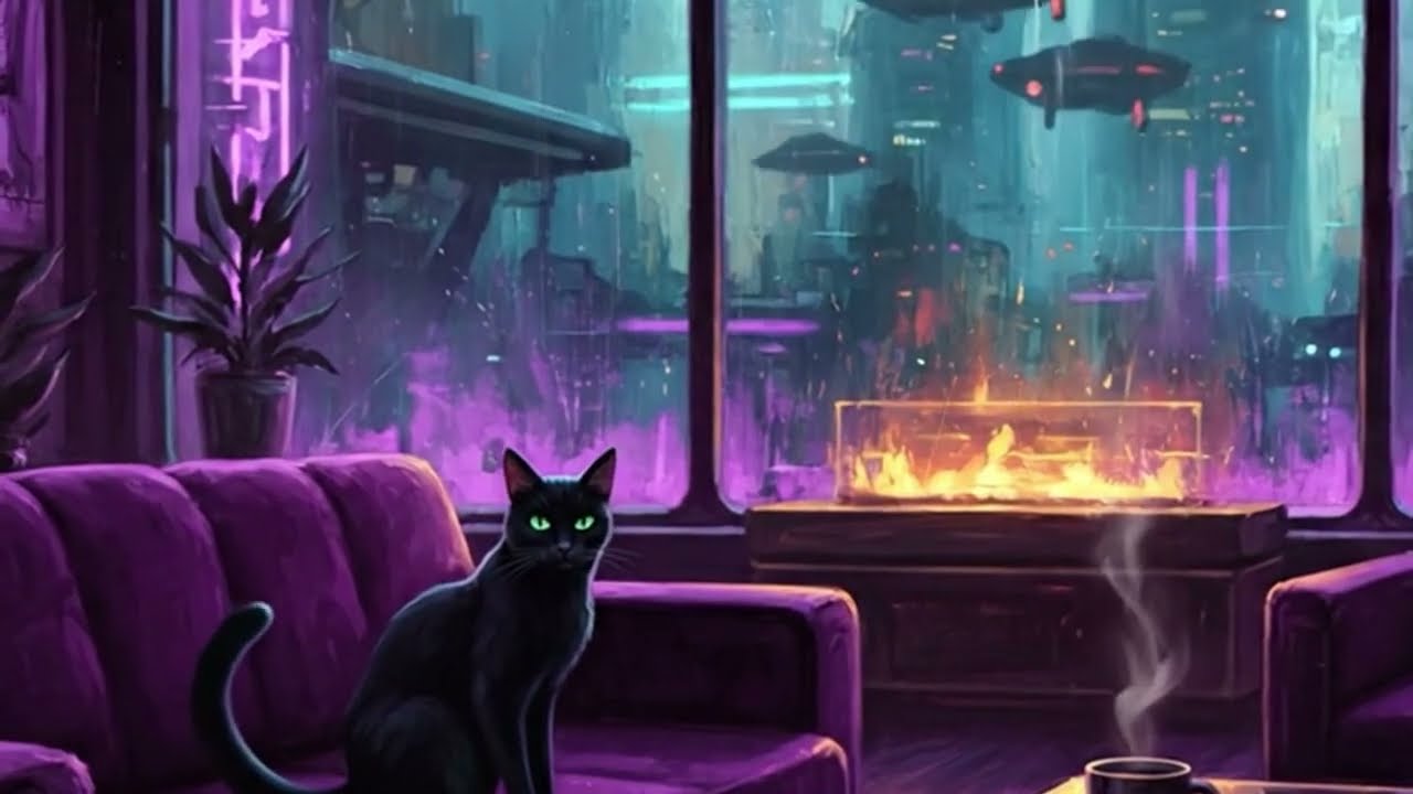 💜 Neon Heartbeats | Cozy Cyberpunk Cat Romance in the Rain