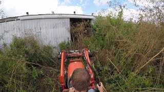 First walk through and hardcore brush hogging with Kubota B2601  Bittersweet House Flip Part 2