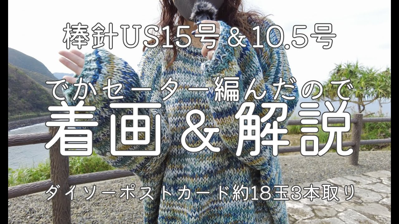 【棒針】ダイソーポストカード約18玉ででかセーター編んだので着画と軽い解説