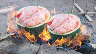 Primitive Technology: Cooking Pig Brain in Watermelon For Dinner | Wilderness Food