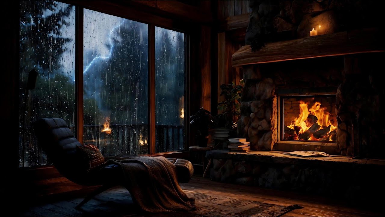 Cozy Fireplace • Rain & Distant Thunder | Deep Relaxation (2H)