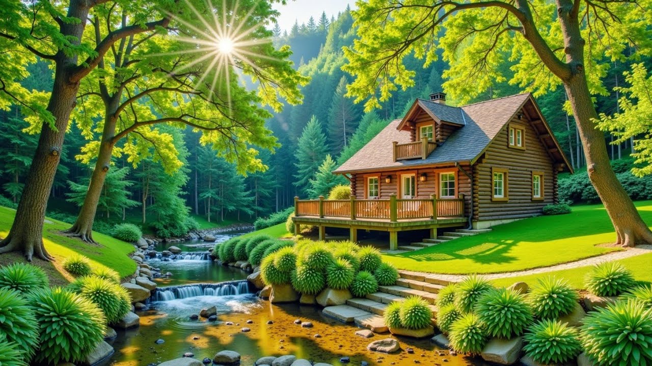 Безмятежный весенний лес: Хижина, Река, Водопады, Пение птиц и Расслабляющие звуки природы ASMR