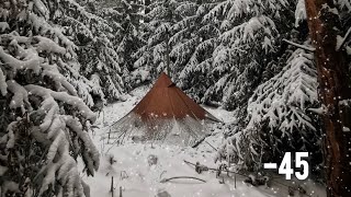 Extreme! Winter Survival Shelter - Sleeping Outside in -25° Weather Hot Tent Camping with HOT TENT