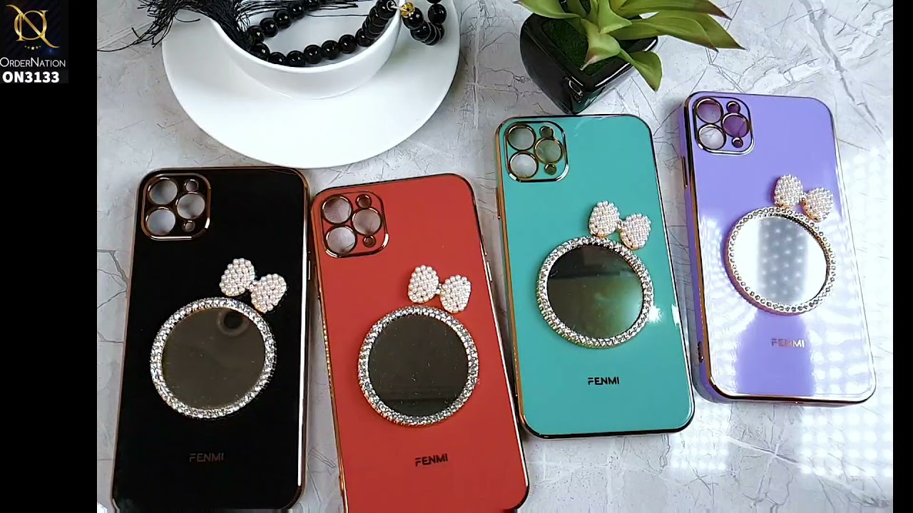 iPhone 11 Pro Cover - Turqoise - Electroplated Borders Diamond Mirror Pearl Bow Shiny Soft Case with Camera Protection