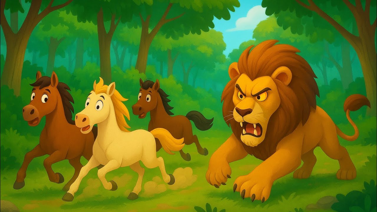 "The Brave Horses and the Lion 🦁 | Moral Poem for Kids | Courage & Friendship Story in the Forest 🌳"