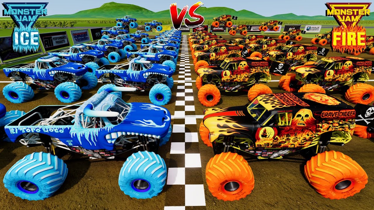 Fire & Ice Monster Truck Competition Racing Backflips Jumps and Crashes