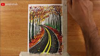 Beautiful Autumn  scenery drawing with oil pastels - step by step