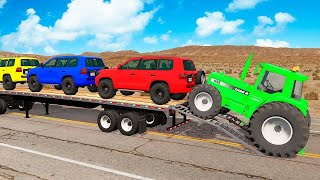 Flatbed Trailer McQueen Transportation with Truck - Speedbumps vs Cars vs Train - BeamNG.Drive #71  