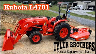 Kubota L4701 with front loader.  Purchase date walk around and 3 month review. #pineylife #kubota