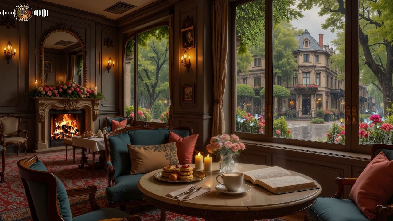 Spring Rain Café Jazz ☕ Расслабляющая фортепианная музыка и камин для спокойствия