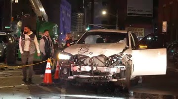 BMW hits scaffolding after colliding with taxi in Tribeca