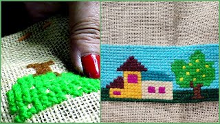 Woolen tree design on sitting mat part-3 | easy and unique hand stitching | আসন সেলাই |