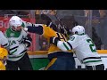 Michael mccarron goes after jamie benn as he comes out of the box