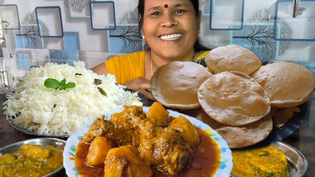Eating rice with spicy🔥🥵chicken curry fish masala mushroom curry Puri Bengali mukbang eating show