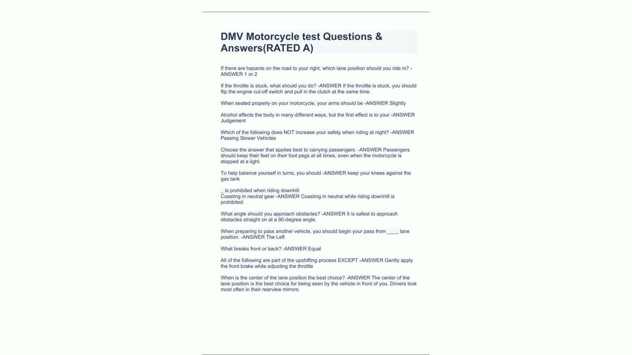 DMV Motorcycle test Questions  AnswersRATED A31