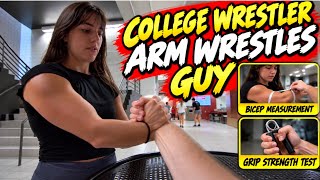 College Female Weightlifter Does Grip Strength Test, Bicep Measurement and Arm Wrestles Guy