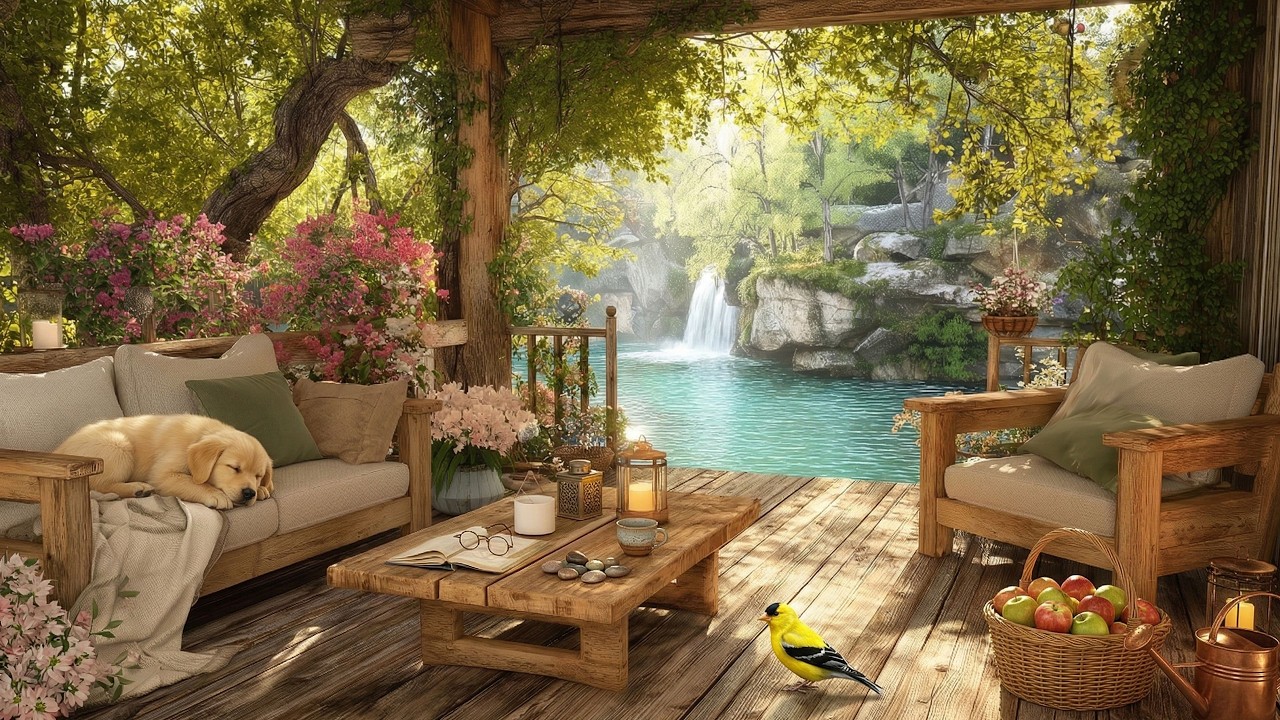 Peaceful Spring Waterfall Haven: Sleep Piano Music for Relaxation by the Turquoise Pool