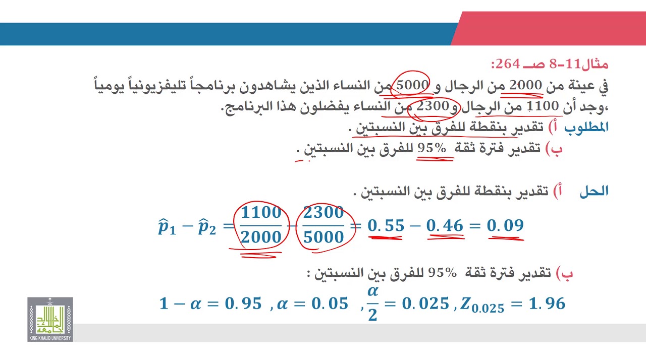 الإحصاء التطبيقي | 7 - 8 | تقدير فترات الثقة للفرق بين نسبتي مجتمعين (P_1-P_2 )