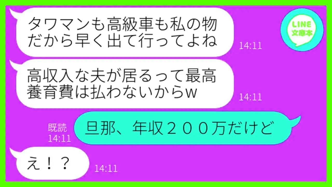【LINE】月収と年収を勘違いし私の旦那を奪ったママ友「高級車とタワマンも貰うからw」→セレブになったと勘違いするDQN女にある衝撃の事実を伝えた時の反