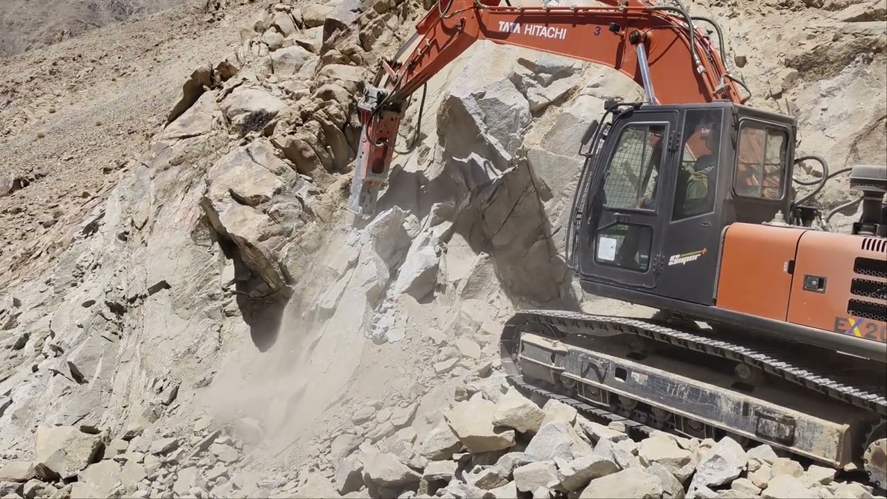 Dengue Road cutting Rock breaker TaTa Hitachi EX200LC Excavator working Leh Ladakh