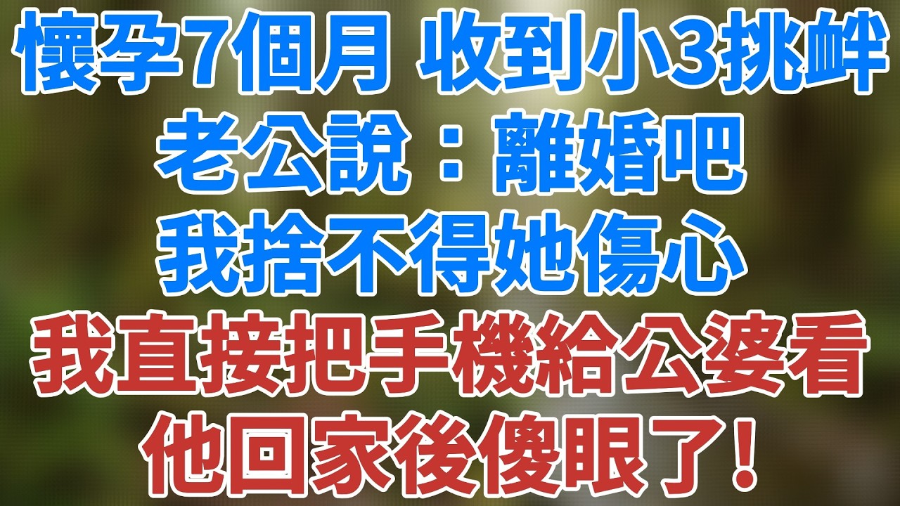 懷孕7個月的我收到小三的挑釁後，老公傳簡訊說：離婚吧，我捨不得她傷心。我直接把手機遞給公婆看，他回家後傻眼了！#生活經驗 #故事 #小說 #情感 #婚姻 #深夜淺讀 #家庭倫理 #健康有方 #情感故事