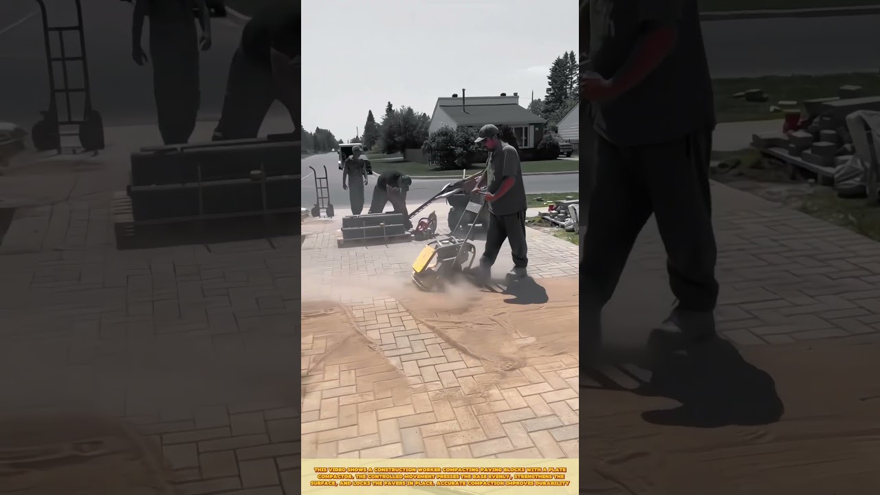 Уплотнение тротуарной плитки виброплитой для получения прочной и ровной поверхности.