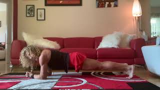 Plank up-down. Knee to elbow. 5 plank jacks