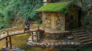 I Built a Complete Stone House by the Stream to Survive in Nature. Bushcraft, Catch and Cook