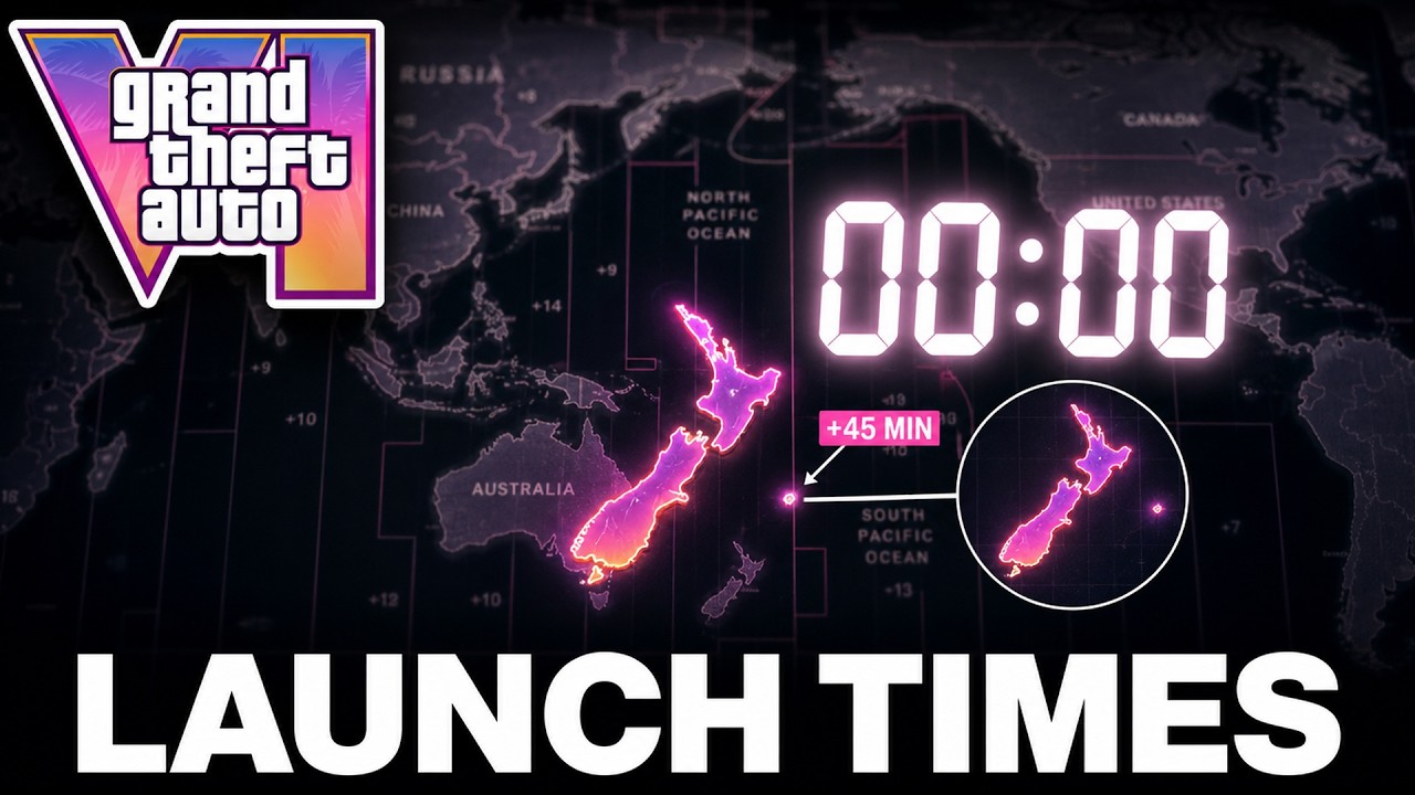 GTA 6 Radar video thumbnail: the 15 separate GTA 6 unlock waves listed on regional PlayStation Store pages, spanning 19 hours from New Zealand to Mexico