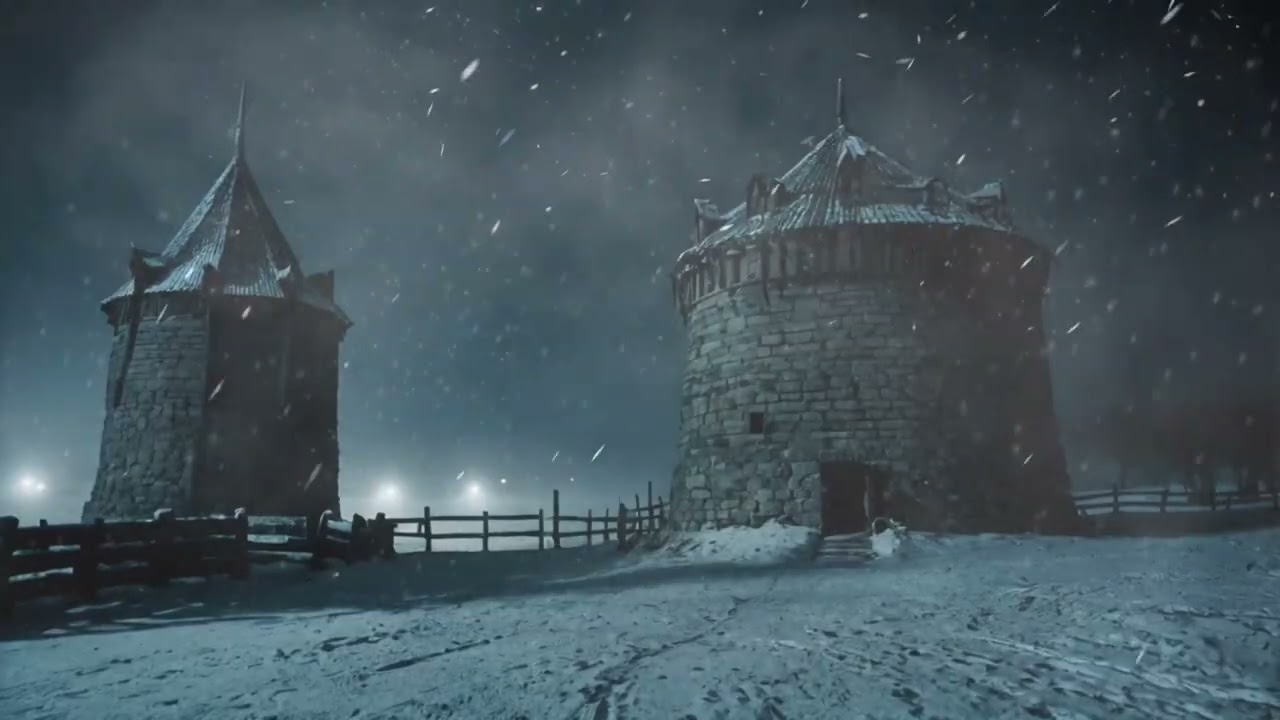 Howling Winds and Snowstorm Sounds in Stone Towers.  Winter Ambience of Relaxing Blizzard for Sleep.