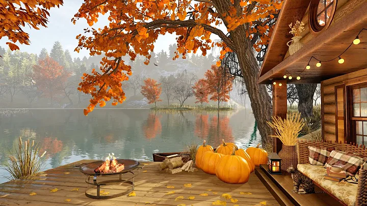Autumn Cozy Lake House Porch in Rainy Morning with...