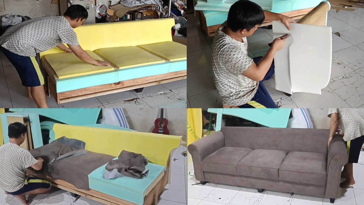 Membuat sofa 3dudukan | Proses pemasangan kain dan busa | sofa minimalis