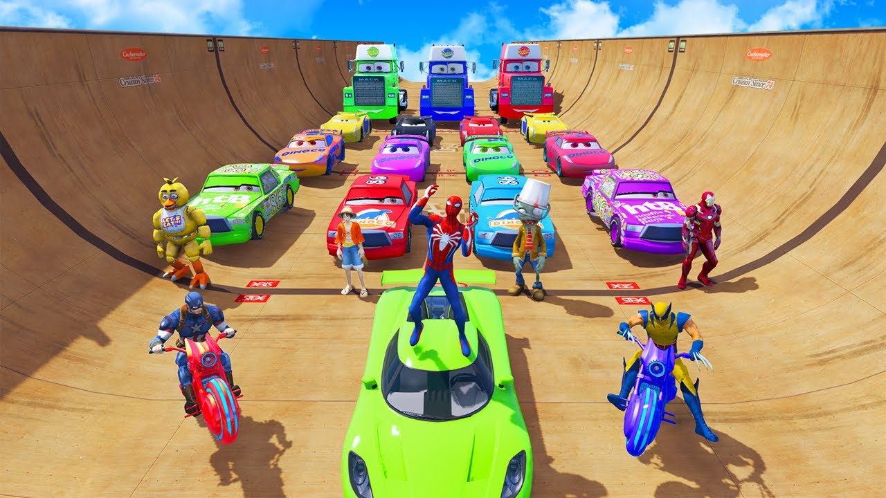 GTA 5 Spider-Man, The Shin Sonic, and The Amazing Digital Circus Rescue Batman on Mega Stunt Ramp