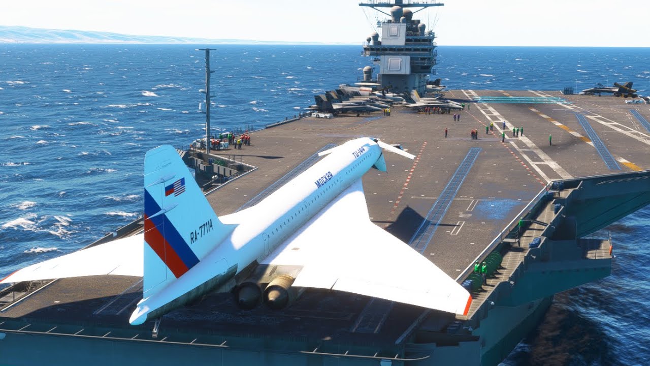 Heavy Takeoff Supersonic Tupolev Tu-144 on Aircraft Carrier