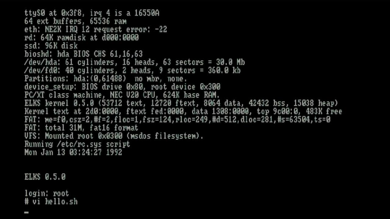 Linux on 16 bit 8088 Tandy 1000EX - ELKS | Hello World in BASH ...