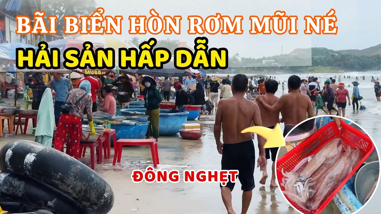 Bãi biển Hòn Rơm Mũi Né đông nghẹt du khách ngày hè, hải sản tươi ngon ...