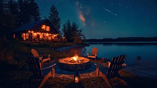 Starry Night by the Lakeside Cabin: Fire Pit, Crickets, and Water Sounds for Peaceful Relaxation