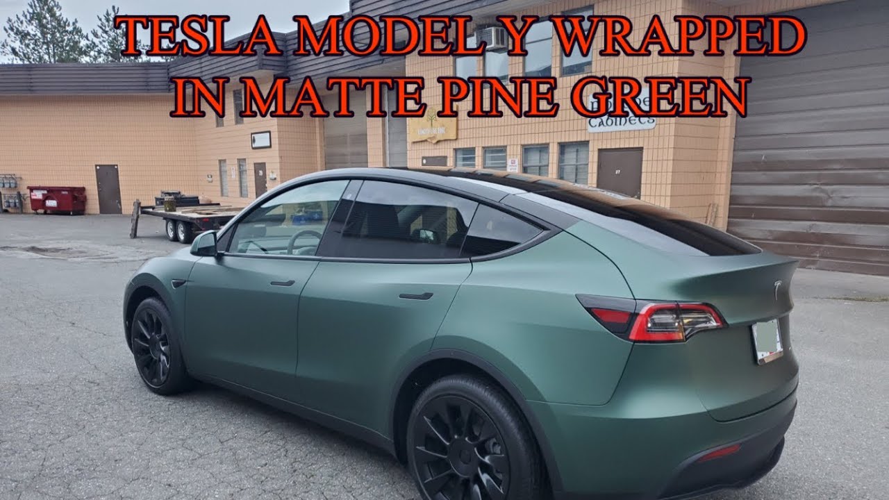 Tesla Model Y wrapped in Matte Pine Green 