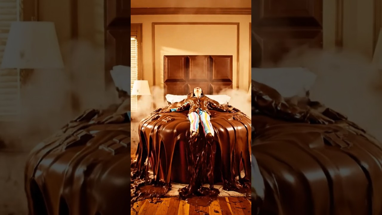 “Chocolate Bed Fantasy 🍫☕ | Woman Jumps into Chocolate & Coffee Beds | Satisfying ASMR Visual”