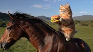 Cat Eating Hamburger While Riding Horse
