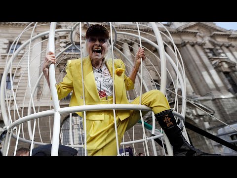 Vivienne Westwood suspends herself in cage in support of Julian Assange