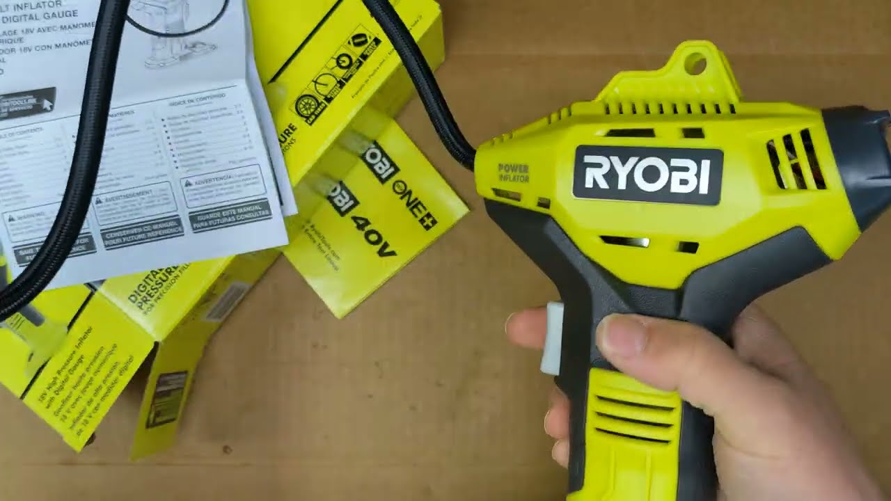 Ryobi P737D tire air inflator unboxing connect battery and test