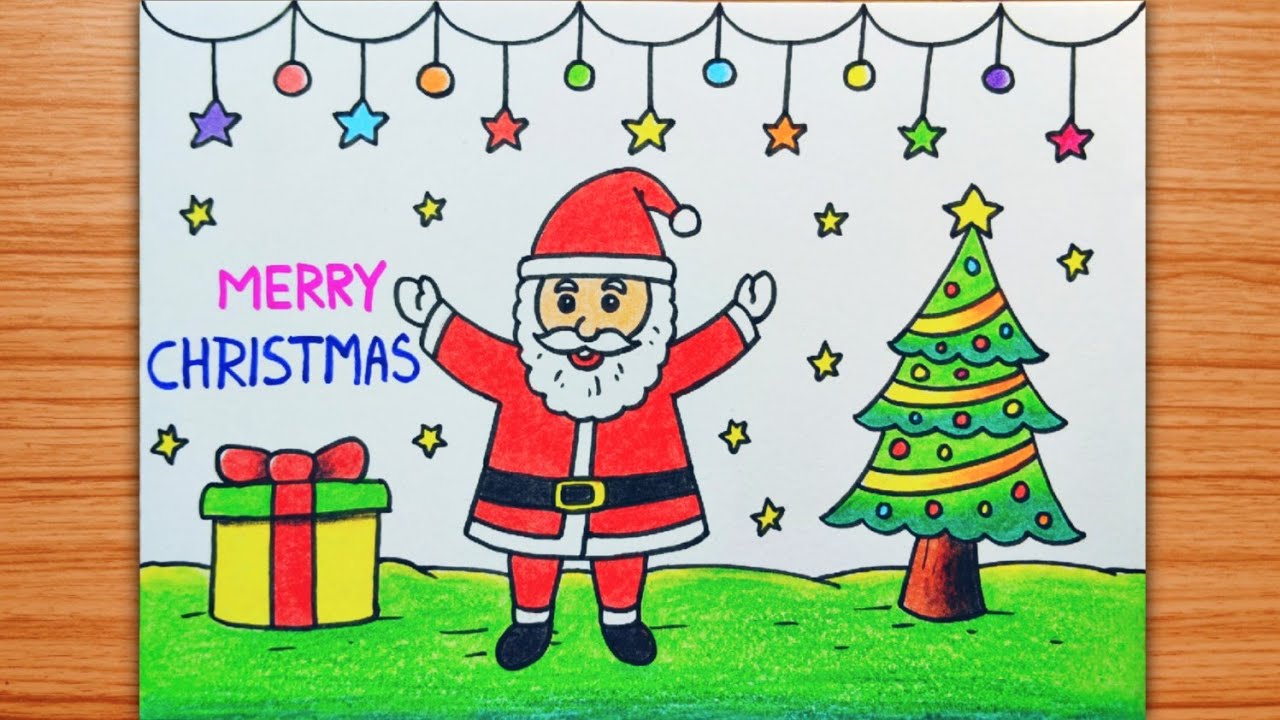 Merry Christmas Drawing | Christmas Tree Drawing | Santa Claus Drawing