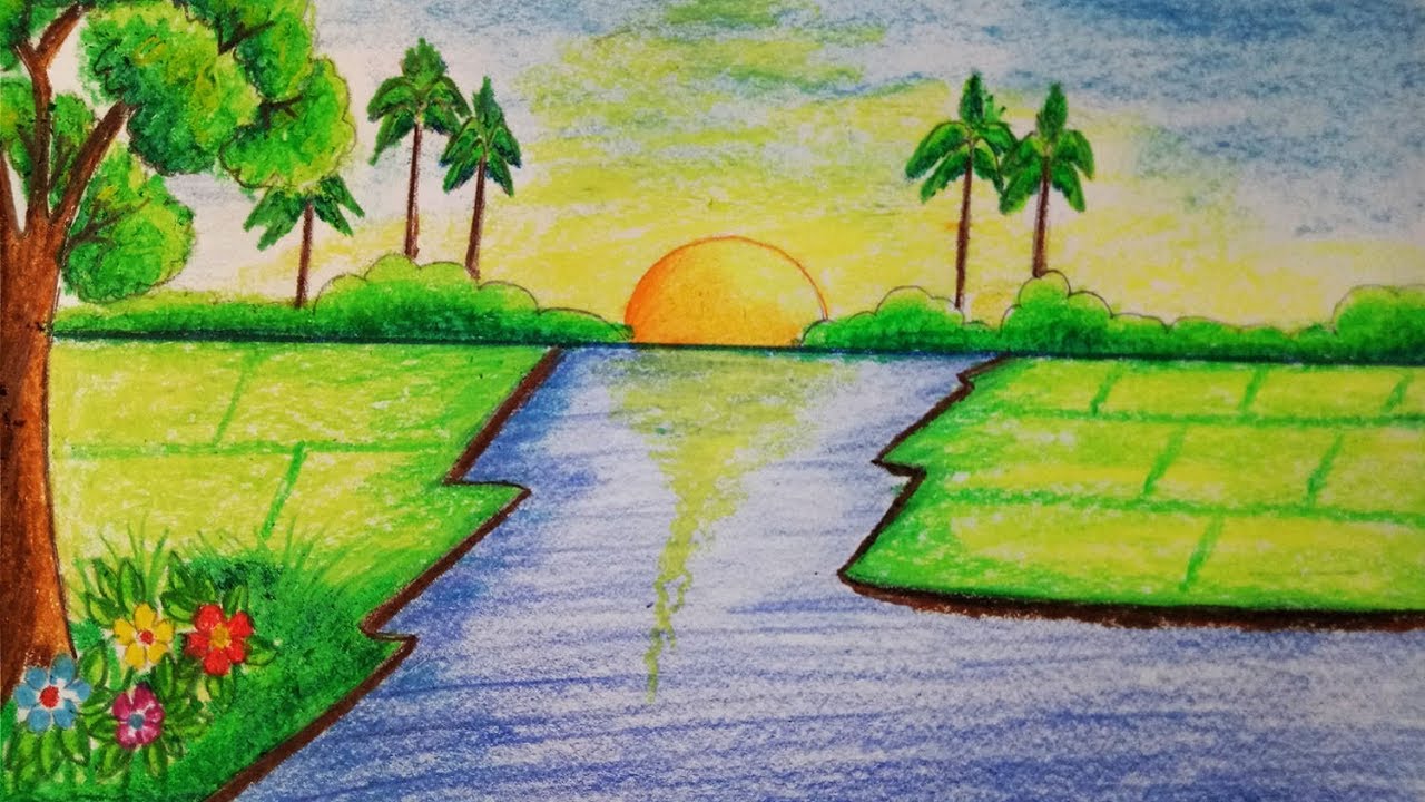 Landscape with Trees and River Child Drawing Felt-tip Pen of Summertime  Natural Scene.Child`s Drawing Landscape River. Drawing of Stock  Illustration - Illustration of evening, outdoor: 229489205