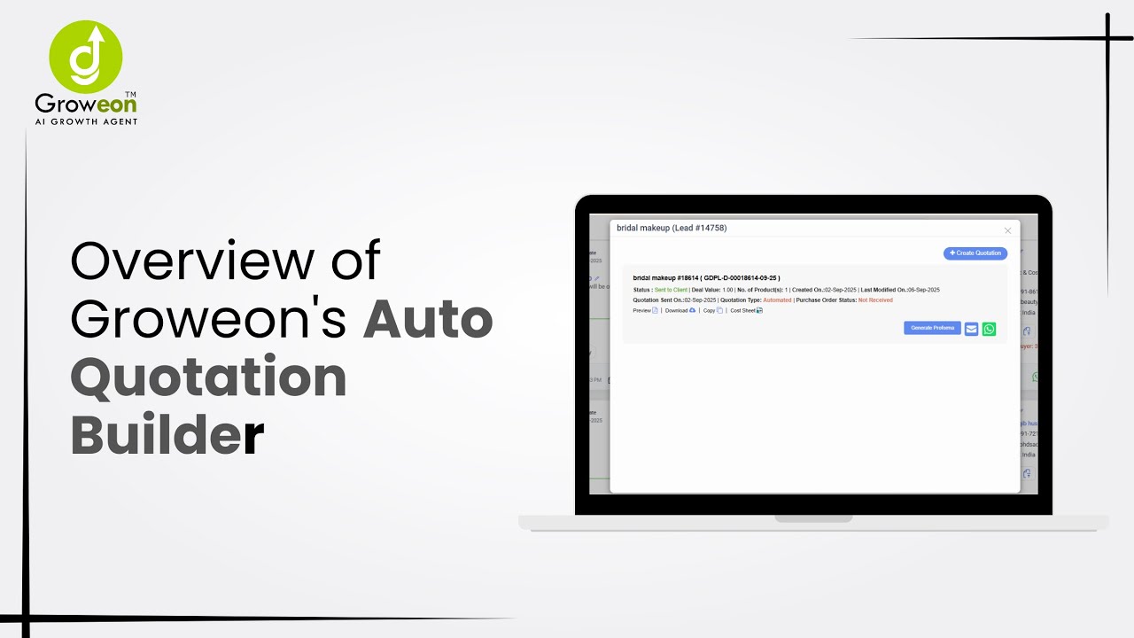 Auto Quotation Builder in Groweon CRM | Create & Send Quotes in Seconds 