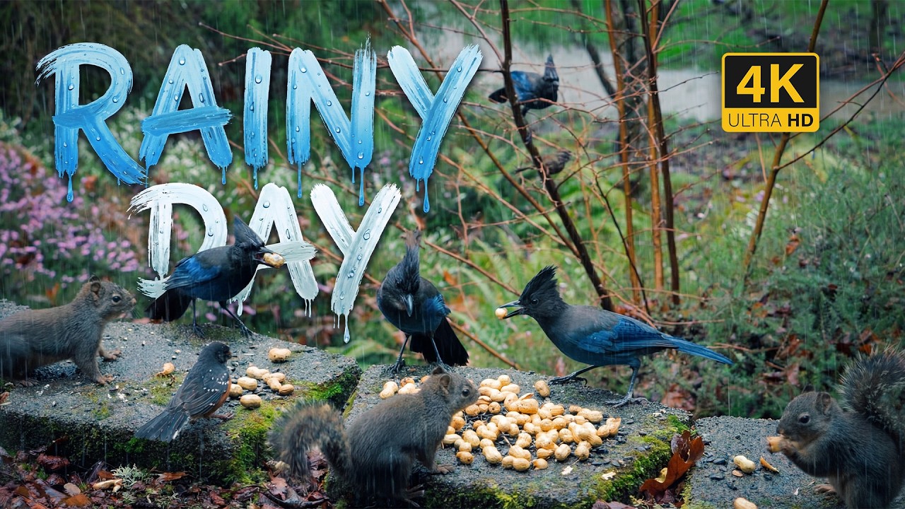 Cat TV for Cats 🐱4K | Rainy Day! Squirrels vs. Stellar Jays 🐿️🌧️🐤